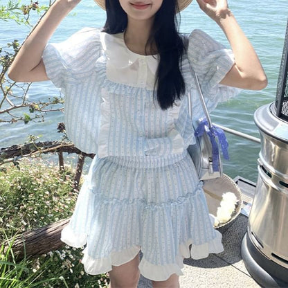 Collared Dotted Striped Ruffle Panel Blouse with Elastic Waist Mini A-Line Skirt Set