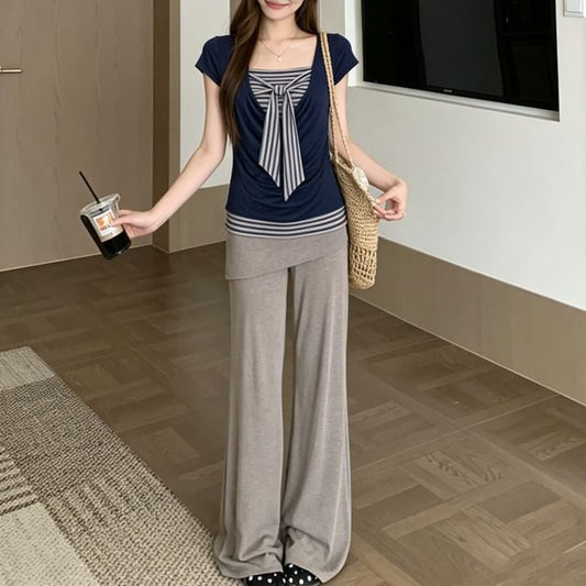 Striped Bow Mock Two Piece Top with High Waist Plain Skirt Overlay Flared Pants Set