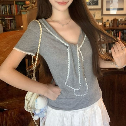 Short Sleeve Tie Neck Lace Trim Top