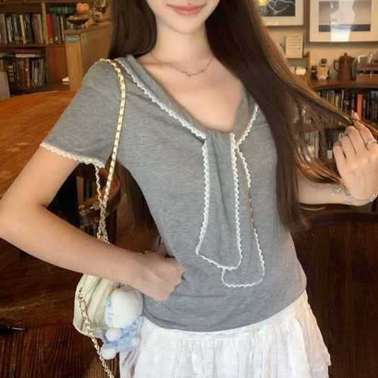 Short Sleeve Tie Neck Lace Trim Top - Solid