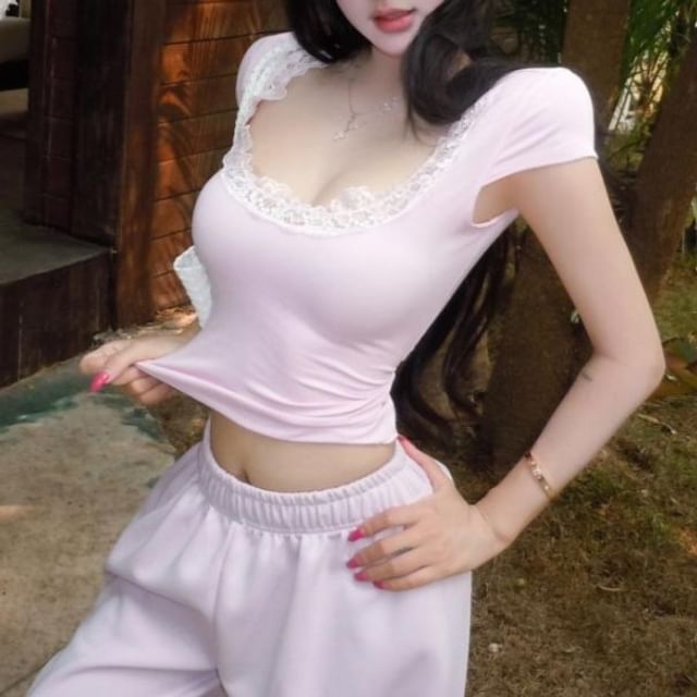 Cap-Sleeve Lace Crop Top & Elastic Waist Sweatpants
