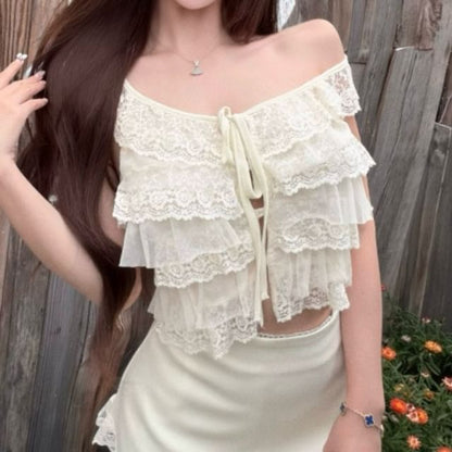 Lace Sleeveless Crop Top with High-Waisted Asymmetric Mini Skirt