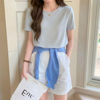 Crew Neck Plain T-Shirt with Short Sleeves