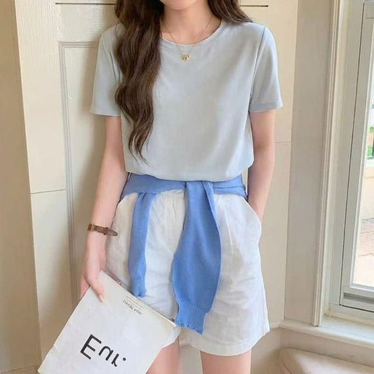 Crew Neck Plain T-Shirt with Short Sleeves