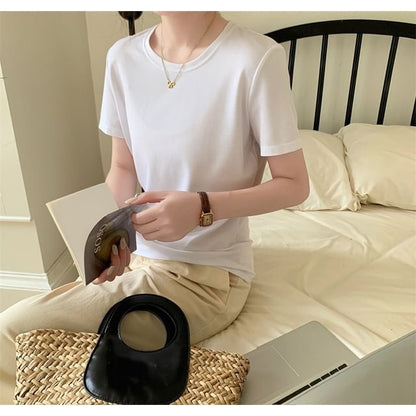 Crew Neck Plain T-Shirt with Short Sleeves