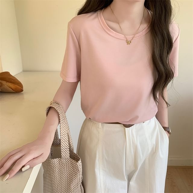 Crew Neck Plain T-Shirt with Short Sleeves