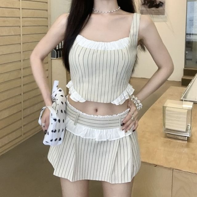 Square Neck Contrast Frill Trim Crop Tank with Pleated Mini A-Line Skirt Set