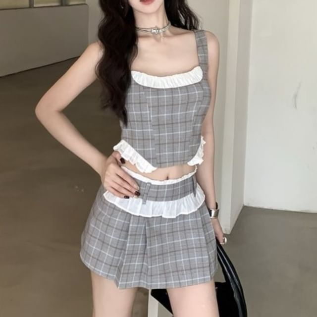 Square Neck Contrast Frill Trim Crop Tank with Pleated Mini A-Line Skirt Set