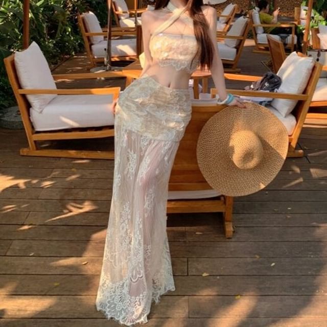 Halter Lace Top & Lace A-Line Maxi Skirt Set