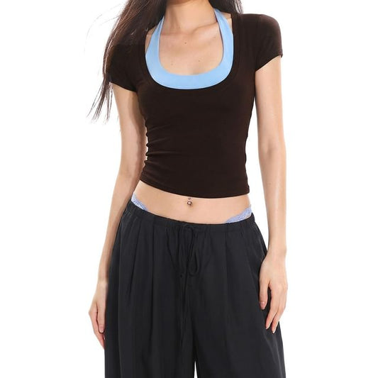 Short-Sleeve Scoop Neck Crop Top / Halter Neck Top