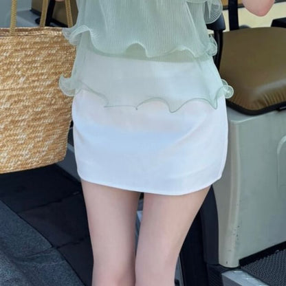 Plain Ruffle Tiered Mesh Tube Top / High Waist Plain Mini Pencil Skirt