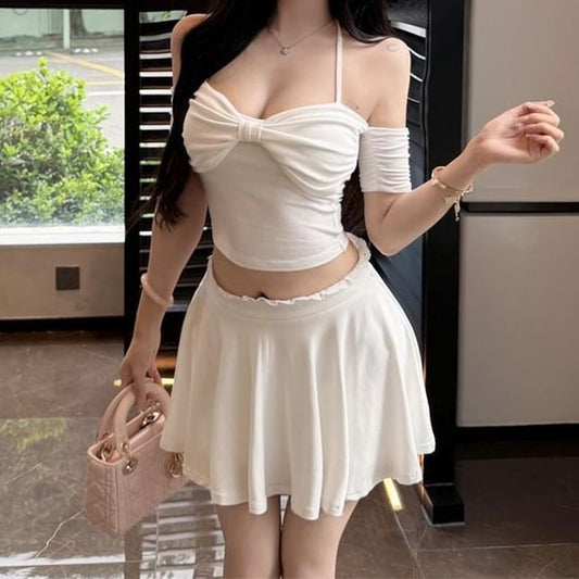 Short Sleeve Cold Shoulder Plain Bow Crop Top / High Waist Mini A-Line Skirt