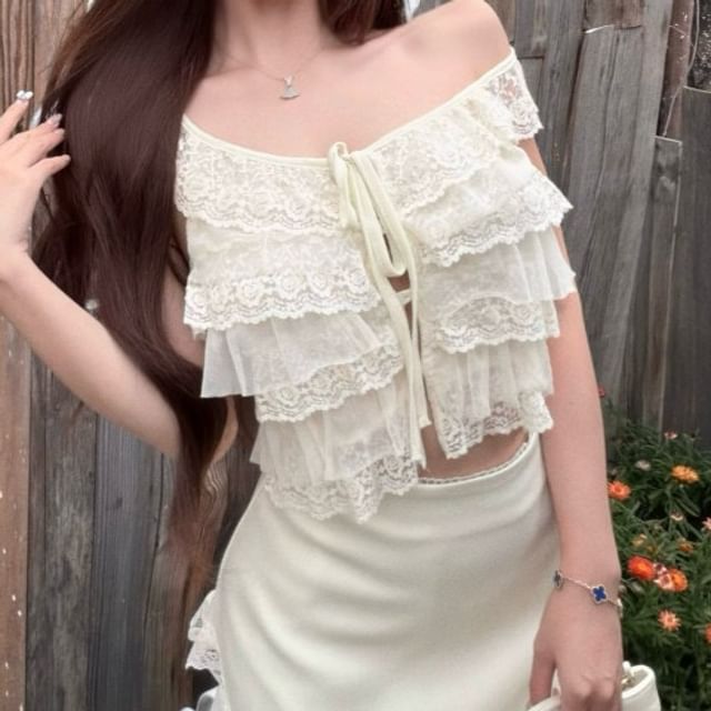 Sleeveless Tie Neck Plain Tiered Panel Lace Crop Top / High Waist Asymmetrical Mini Pencil Skirt