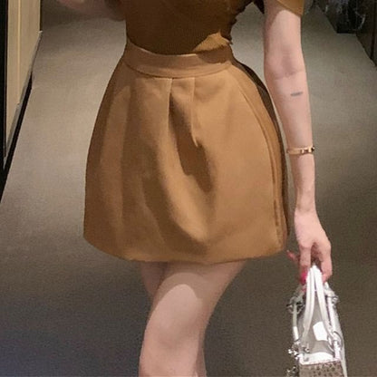 Sleeveless Off Shoulder Plain Ruched Ribbed Knit Top / High Waist Plain Pleated Mini A-Line Skirt