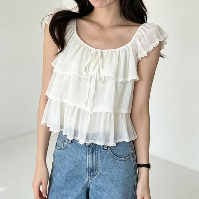 Cap-Sleeve Plain Lace Trim Ruffle Blouse