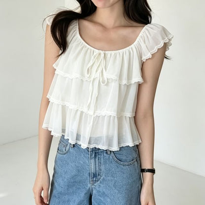 Cap-Sleeve Plain Lace Trim Ruffle Blouse