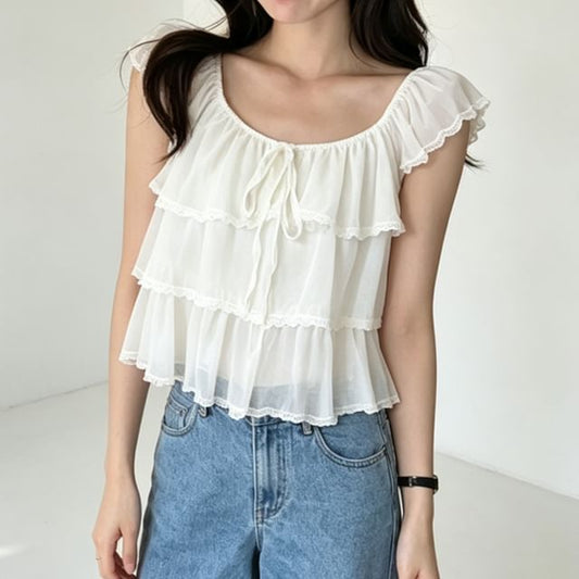 Cap-Sleeve Plain Lace Trim Ruffle Blouse