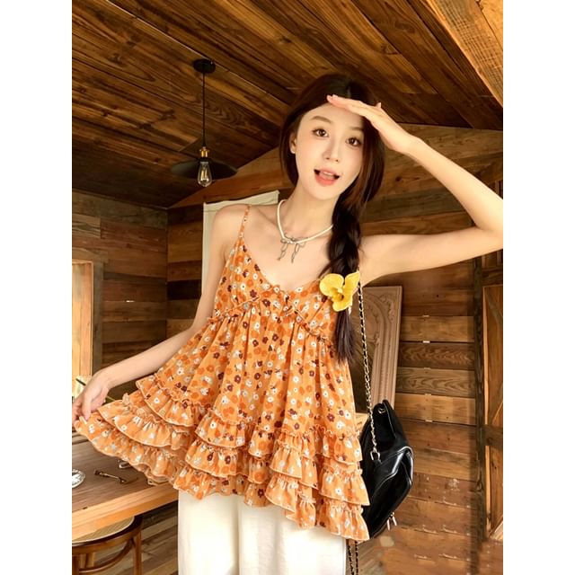 Floral Ruffle Flowy Camisole Top - Solid
