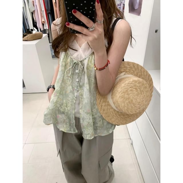 Sleeveless V-Neck Mesh Top with Floral and Plaid Camisole Set