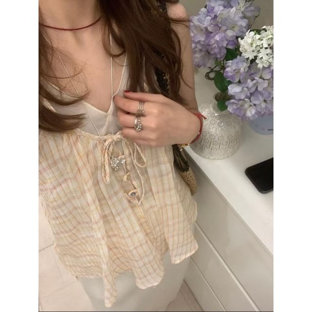 Sleeveless V-Neck Mesh Top with Floral and Plaid Camisole Set