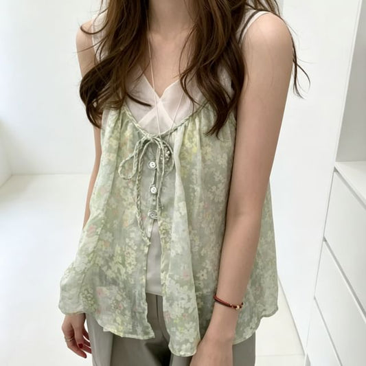Sleeveless V-Neck Plain Mesh Top / Floral Flowy Camisole Top / Plaid Camisole Top / Set