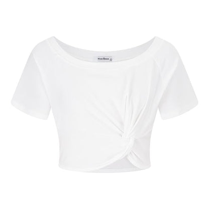 Short-Sleeve One-Shoulder Plain Knot Cropped T-Shirt