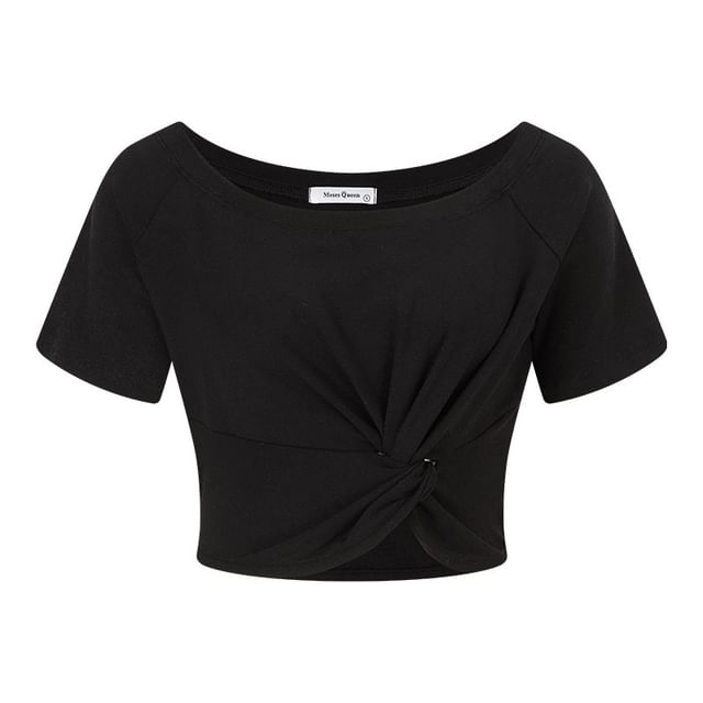 Short-Sleeve One-Shoulder Plain Knot Cropped T-Shirt