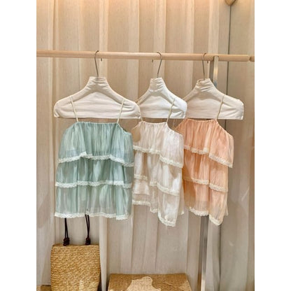 Plain Lace Trim Tiered Flowy Camisole Top