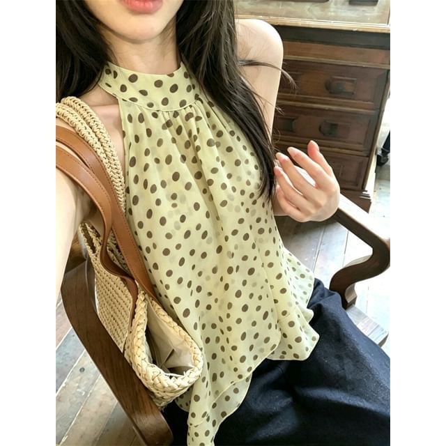 Halter Polka Dot Asymmetrical Blouse