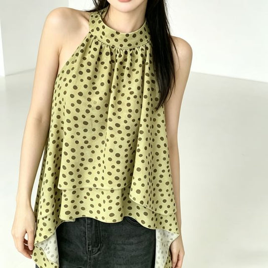 Halter Polka Dot Asymmetrical Blouse