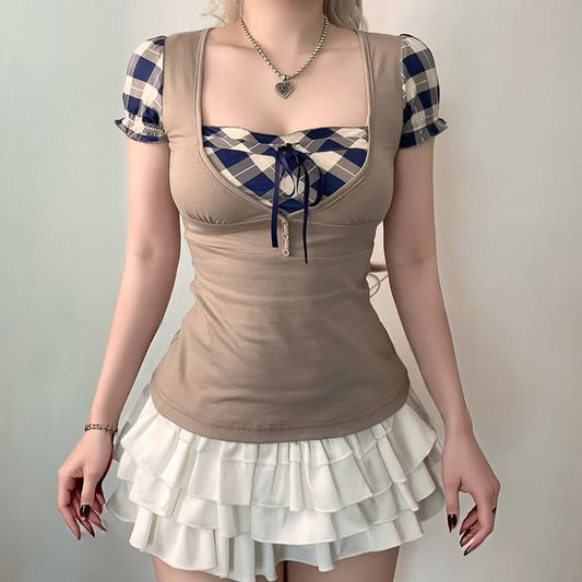 Short-Sleeve Square Neck Plaid Panel Mock Two Piece Top