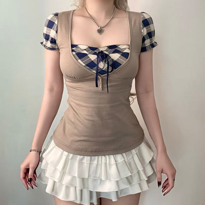 Plaid Panel Mock Two Piece Square Neck Top