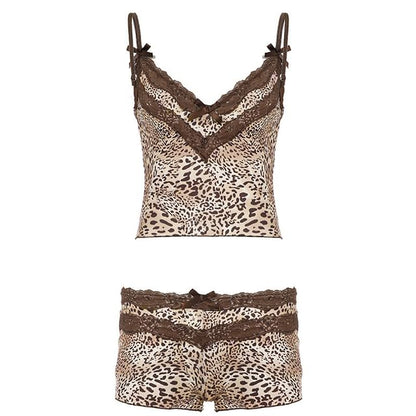 Set: Spaghetti Strap V-Neck Leopard Print Crop Camisole Top + Low Rise Shorts