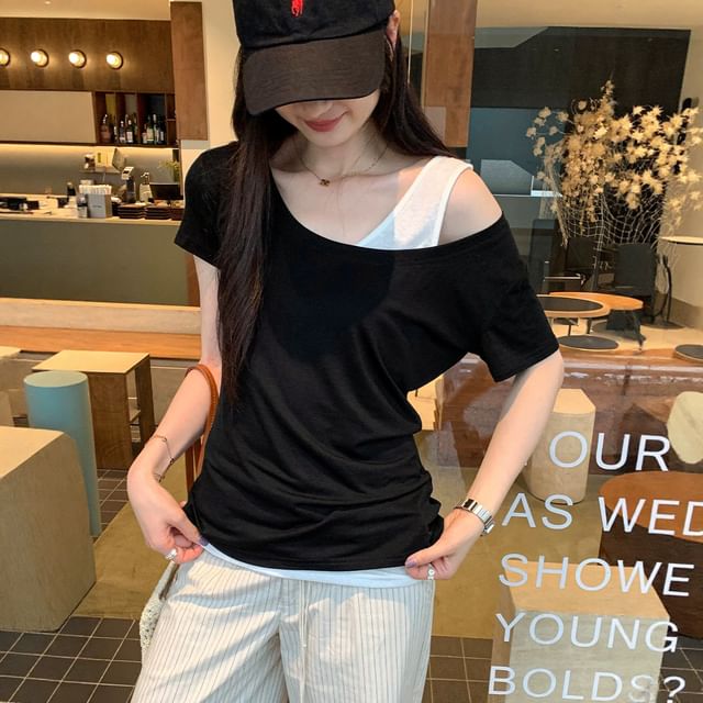 Asymmetrical Off-Shoulder Tee, Short Sleeves