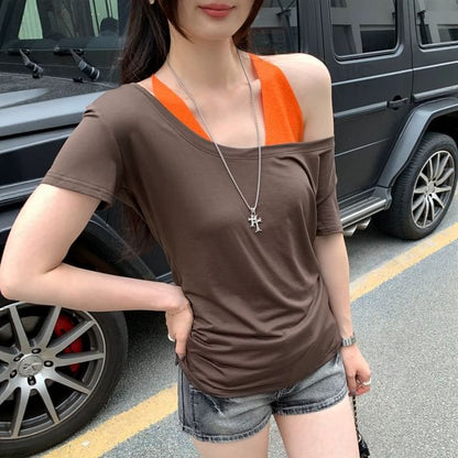 Asymmetrical Off-Shoulder Tee, Short Sleeves