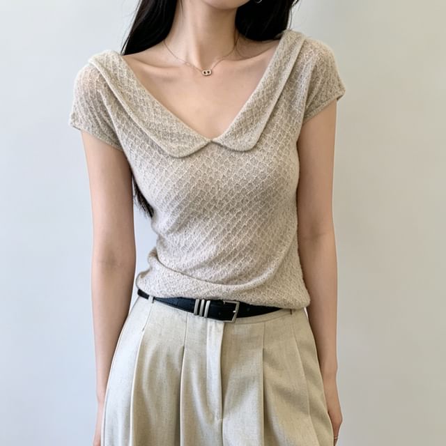 Textured Knit Top with Collar and Short Sleeves