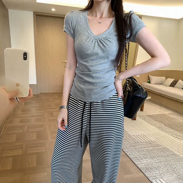 Ruched V-Neck Tee, Short Sleeve
