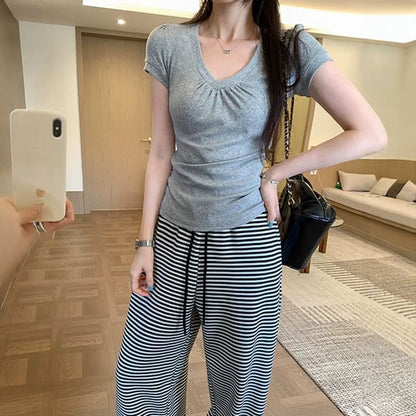 Ruched V-Neck Tee, Short Sleeve