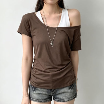 Asymmetrical Off-Shoulder Tee, Short Sleeves