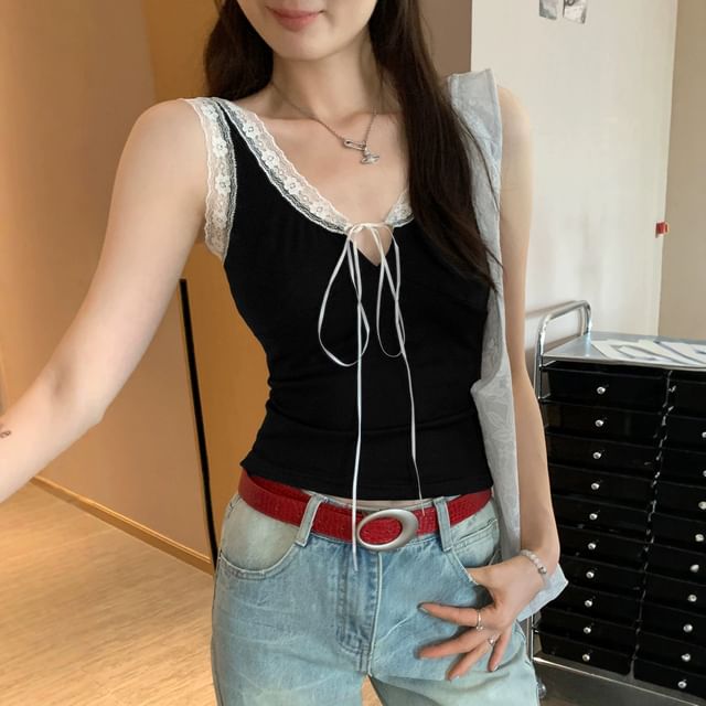 Lace Trim V-Neck Top, Sleeveless