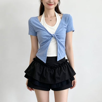 Crop Halter Neck Tee with Mock Two-Piece Look