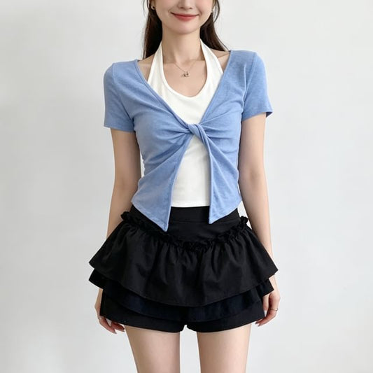Crop Halter Neck Tee with Mock Two-Piece Look