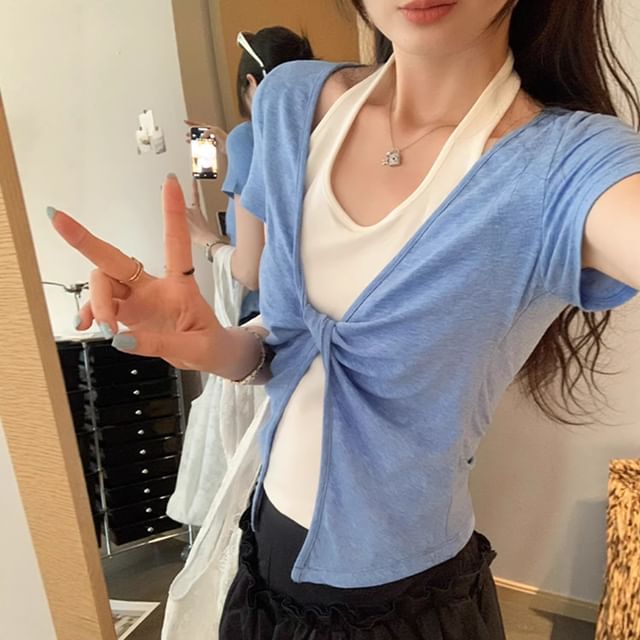 Crop Halter Neck Tee with Mock Two-Piece Look