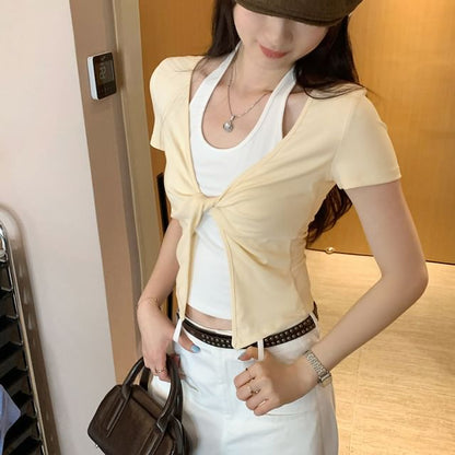 Crop Halter Neck Tee with Mock Two-Piece Look
