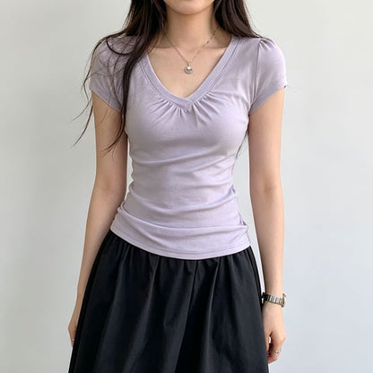 Ruched V-Neck Tee, Short Sleeve