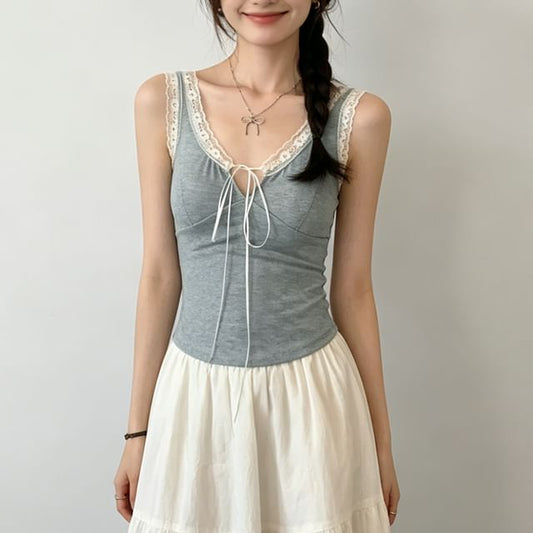 Lace Trim V-Neck Top, Sleeveless