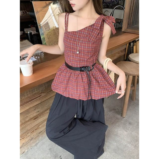 Plaid Bow Peplum Blouse Set with Faux Leather Belt