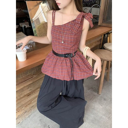 Plaid Bow Peplum Blouse Set with Faux Leather Belt