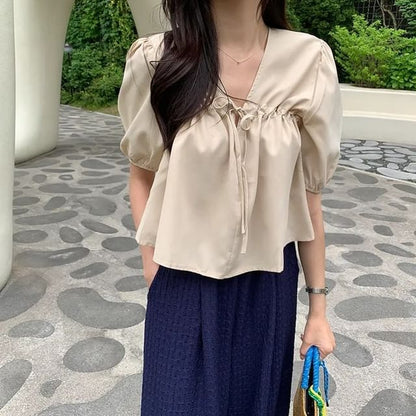 V-Neck Plain Blouse, Short Sleeve