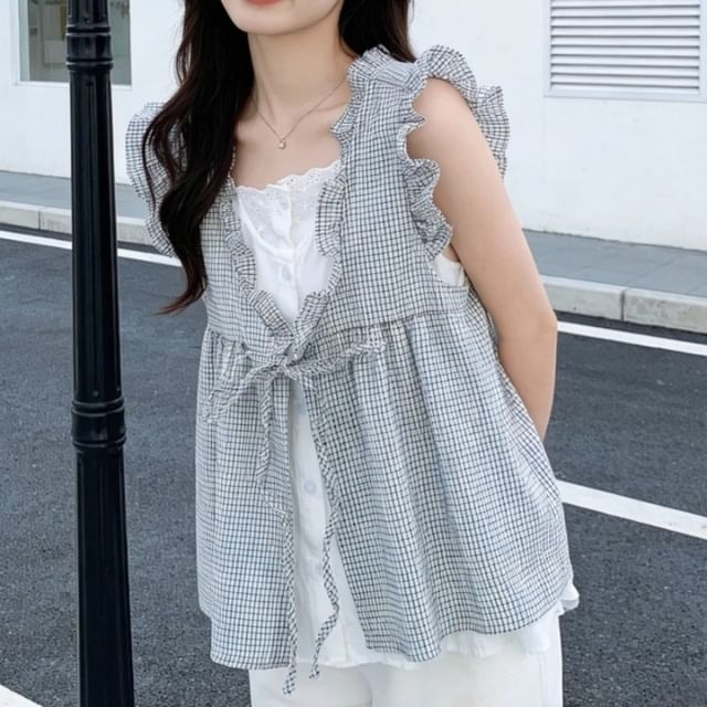 Ruffle Mock Two-Piece Blouse, Sleeveless